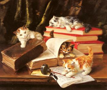 Alfred Arthur Brunel De Neuville : Kittens Playing on a Desk